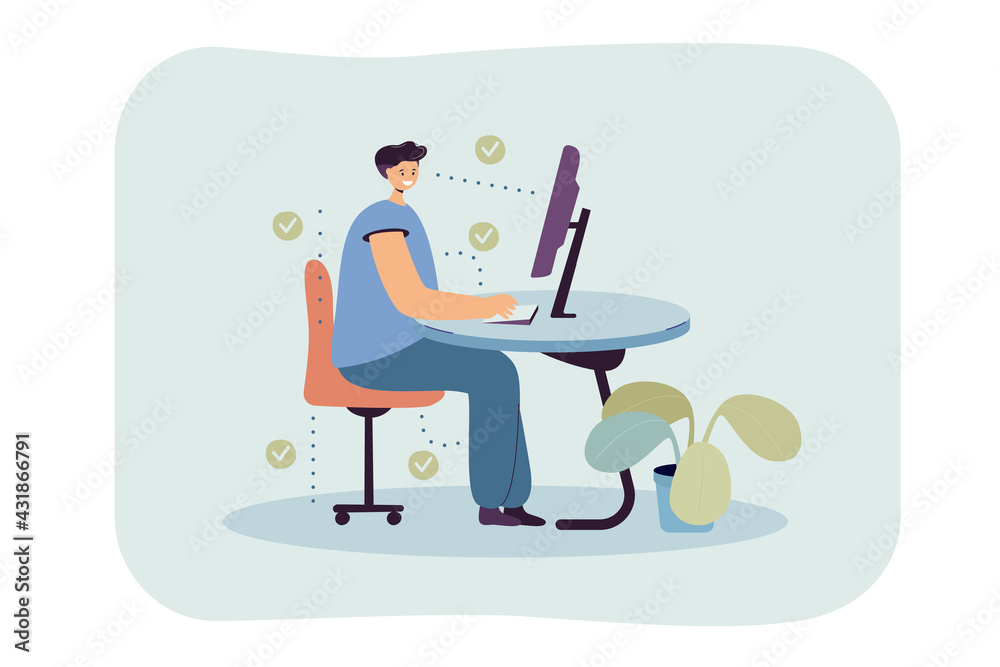 Man showing correct position for sitting at desk flat vector illustration. Cartoon man sitting on chair and using computer. Ergonomic work in office and healthy posture concept - obrazy, fototapety, plakaty 