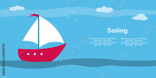 Flat illustration of a red sailing ship at sea with seagulls. Traveler s postcard.