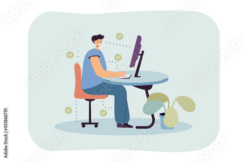 Man showing correct position for sitting at desk flat vector illustration. Cartoon man sitting on chair and using computer. Ergonomic work in office and healthy posture concept