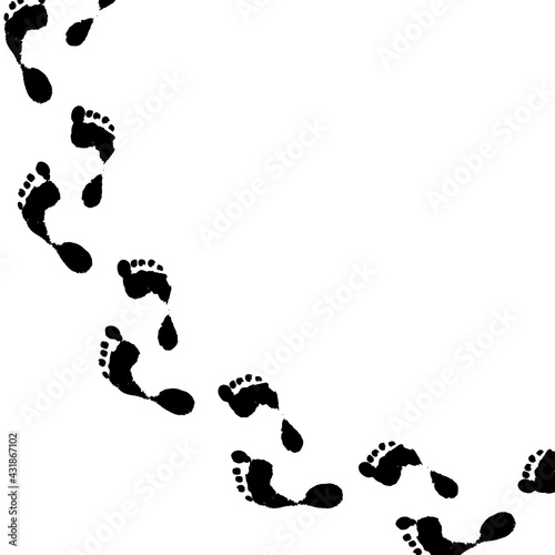 Vector drawing of bare footprints of a person in black on a white background, curved path of a person for a design template. hand drawn human feet leaving a footprint