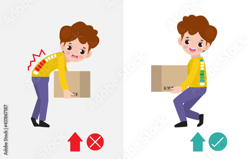 Correct lifting posture And incorrect Man lift wrong and right position. Disease back pain. Medical healthcare concept. Improper versus against proper lifting isolated on white background illustration