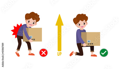 Correct lifting posture And incorrect Man lift wrong and right position. Disease back pain. Medical healthcare concept. Improper versus against proper lifting isolated on white background illustration