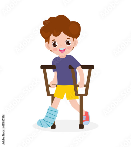 asian kid injured with broken leg in gypsum. little children standing on crutches, cartoon teen disabled character broken leg in plaster. isolated on white background Vector illustration