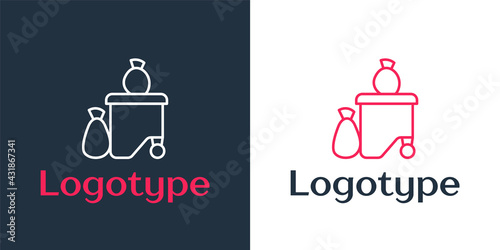 Logotype line Dumpsters being full with garbage icon isolated on white background. Garbage is pile lots dump. Garbage waste lots junk dump. Logo design template element. Vector