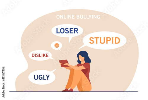 Girl reading offensive comments on social networks. Flat vector illustration. Girl facing online bullying, sitting on floor, holding tablet with offensive messages. Bullying, offence, abuse concept