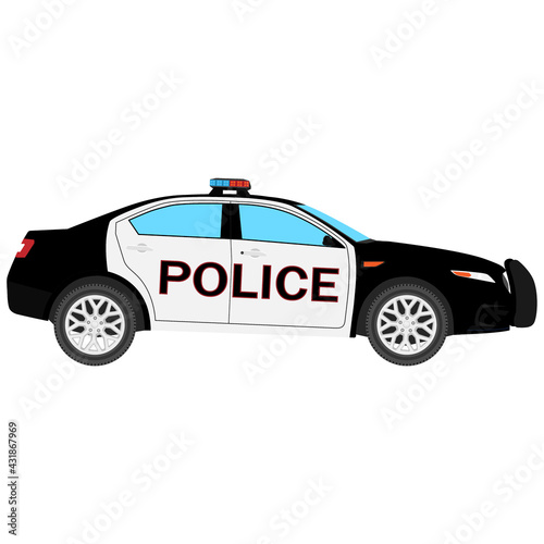 Vector illustration. Police car side view isolated on white background. Police transport