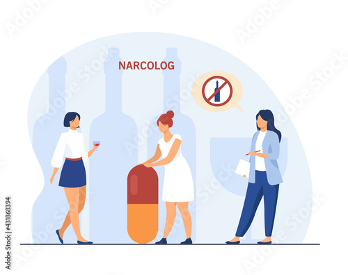 Addiction therapist giving recommendations. Flat vector illustration..Narcologist forbidding alcohol, woman with glass of wine and woman with giant pill. Narcology, alcohol, addiction, therapy concept