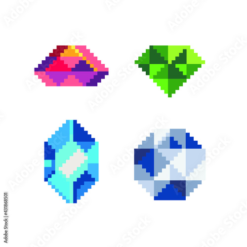 Precious stone pixel art icons set. Diamond, sapphire, topaz, ruby and emerald gemstone. Isolated vector illustration. Game assets 8-bit sprite. Design stickers, logo for jewelry store, mobile app.