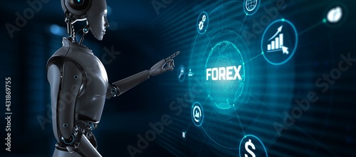 Forex robot trading automation concept. Robot pressing button on screen 3d render