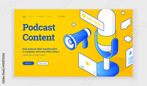 Vector illustration of audio devices for interesting podcast content recording depicted near description and link button on advertisement banner. Isometric web banner, landing page template