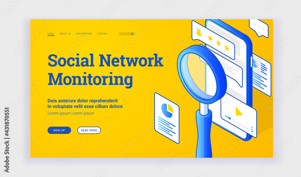 Creative simple design of web page banner with magnifying glass and mobile phone representing service of social network monitoring. Isometric web banner, landing page template Creative simple design of web page banner with magnifying glass and mobile phone representing service of social network monitoring. Isometric web banner, landing page template