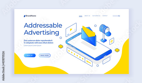 Vector illustration of smartphone with opened email and video near description and link button on banner of addressable advertising service. Isometric web banner, landing page template