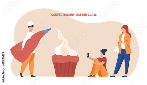 Tiny confectioner leading workshop for two women. Flat vector illustration. Pastrycook holding pastry bag, decorating giant cupcake with creme. Confectionary, pastry, workshop, masterclass concept