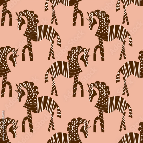 Abstract Ethnic Mystic Horses Zebras Drawing Seamless Vector Pattern Isolated Background