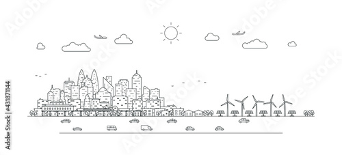 Smart city with line symbols. 5th internet service, urban with things and services icons connection, internet of things, network with high speed connection. Vector illustration.