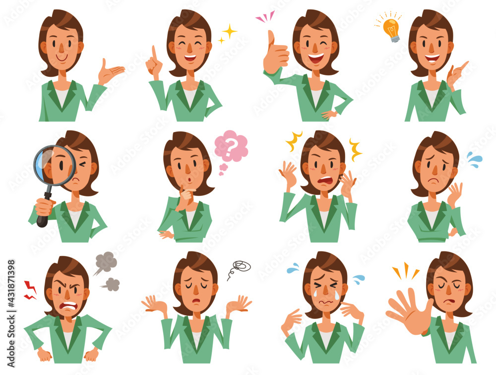 Young businesswoman with different facial expressions on white background. Vector illustration in flat cartoon style. Young businesswoman with different facial expressions on white background. Vector illustration in flat cartoon style.