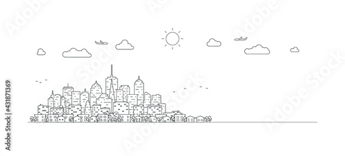 Smart city with line symbols. 5th internet service, urban with things and services icons connection, internet of things, network with high speed connection. Vector illustration.