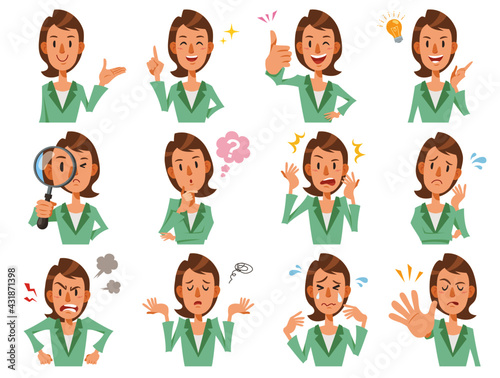 Young businesswoman with different facial expressions on white background. Vector illustration in flat cartoon style.