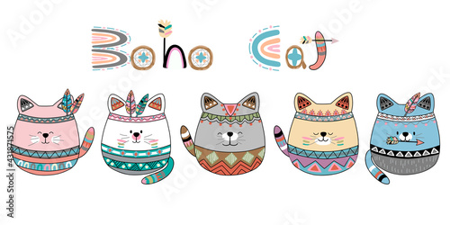 This boho cat design with cute patterns combined with various stripes and colors can be applied in a wide variety of applications such as room decoration, cards, coffee mugs, fabric prints, and more.