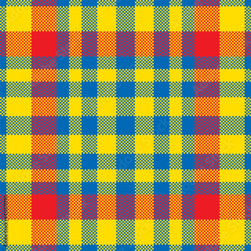 Pixel background vector design. Modern seamless pattern plaid. Square texture fabric. Tartan scottish textile. Beauty color madras ornament.