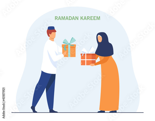 Muslims congratulating each other on beginning of fast. Flat vector illustration. Man and woman exchanging gifts and congratulating each other. Ramadan, Islam, religion, tradition, celebration concept