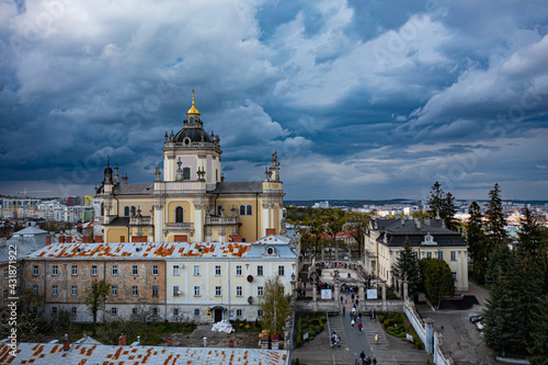  Aerial view on St. George's Cathedral in Lviv, Ukraine from drone. Consecration of Easter food, cakes, eggs