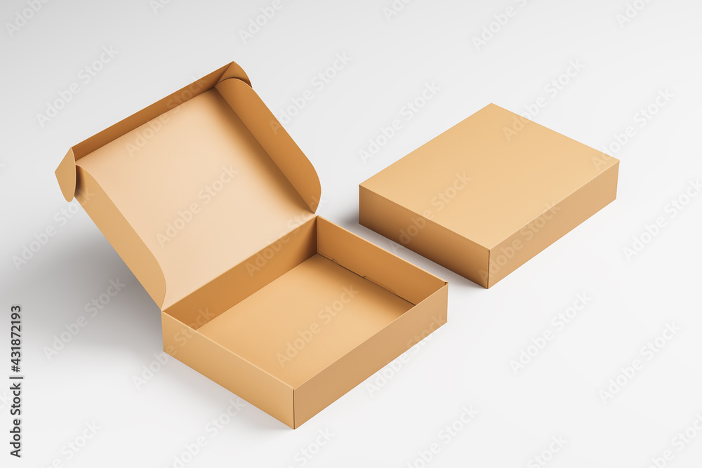 Opened and closed cardboard boxes on a white background. Packaging, gift. Mock up. 3d rendering - obrazy, fototapety, plakaty 