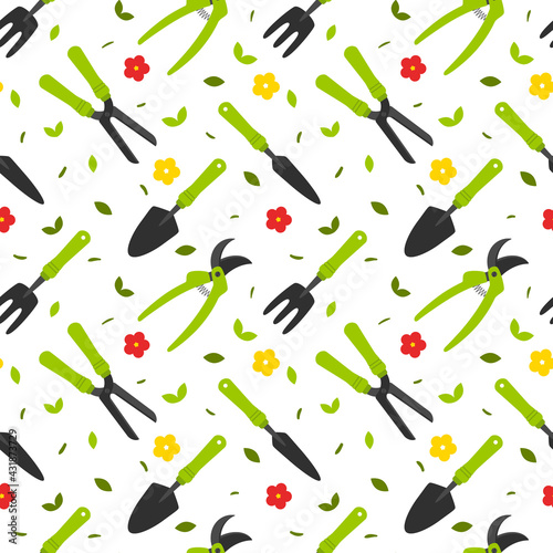Seamless pattern with garden tools  spade  pruner  scissors  and flowers and leaves. Color flat cartoon vector illustrations isolated on a white background.