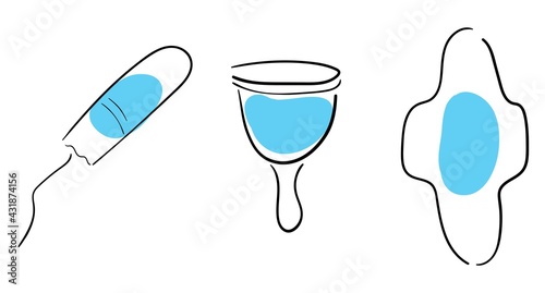 Feminine hygiene products, tampon, menstrual cup, pad. Simple vector illustration
