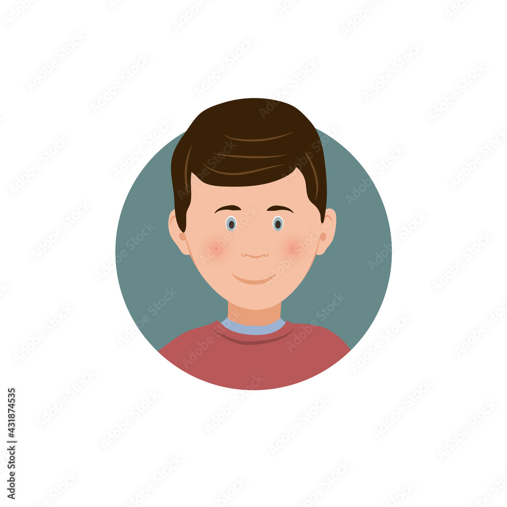 Little boy dark-haired cartoon avatar-character face in a circle, flat vector illustration isolated on a white background. Little boy dark-haired cartoon avatar-character face in a circle, flat vector illustration isolated on a white background.