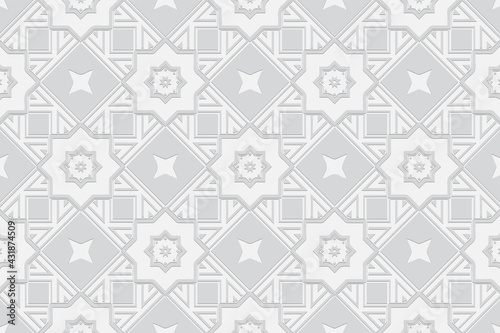 3D volumetric convex embossed white background. Ethnic geometric style. Decorative pattern for wallpapers, presentations, textiles, websites, coloring pages, wrapping paper.