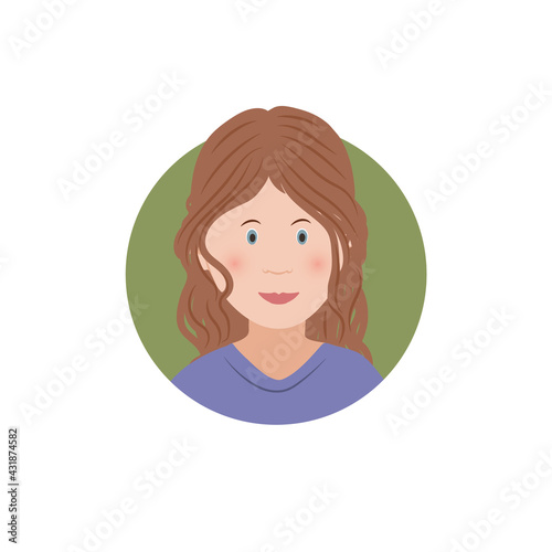 Caucasian cute little girl brown-haired cartoon avatar-the face of a character in a circle, flat vector illustration, isolated on a white background.