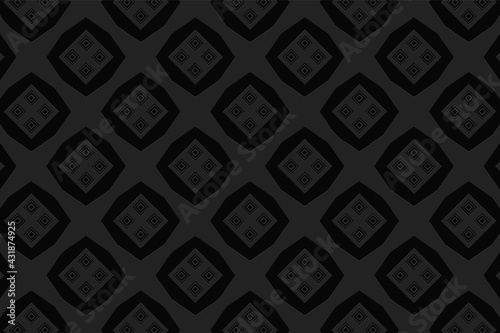3D volumetric convex embossed black background. Ethnic geometric style. Beautiful creative curly pattern for wallpapers, presentations, textiles, websites, coloring, wrapping paper.
