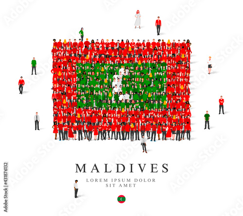 A large group of people are standing in green, white and red robes, symbolizing the flag of the Maldives.