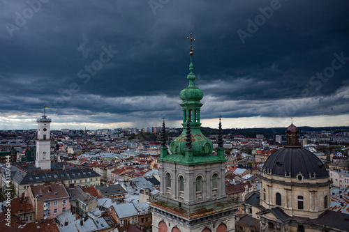 Aerial view on Dominican Church and Dormition Church in Lviv, Ukraine from drone