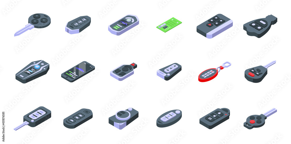 Smart car key icons set. Isometric set of smart car key vector icons ...