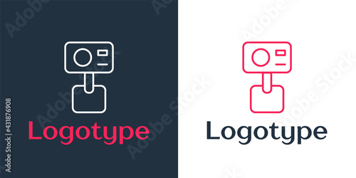 Logotype line Action extreme camera icon isolated on white background. Video camera equipment for filming extreme sports. Logo design template element. Vector