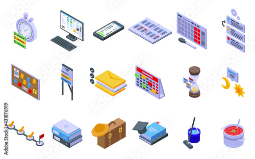Task schedule icons set. Isometric set of task schedule vector icons for web design isolated on white background