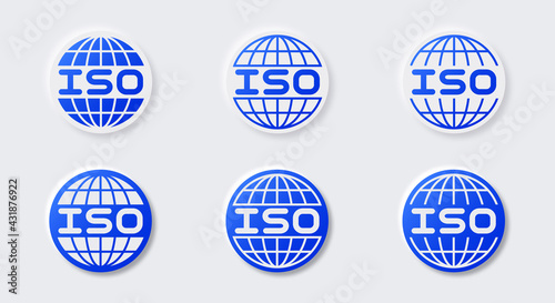 A set of buttons with shadow for marking products. Certificate - ISO (International Organization for Standardization). A set of international standards for the quality of services and goods. Vector el