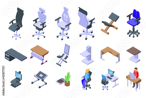 Ergonomic workplace icons set. Isometric set of ergonomic workplace vector icons for web design isolated on white background