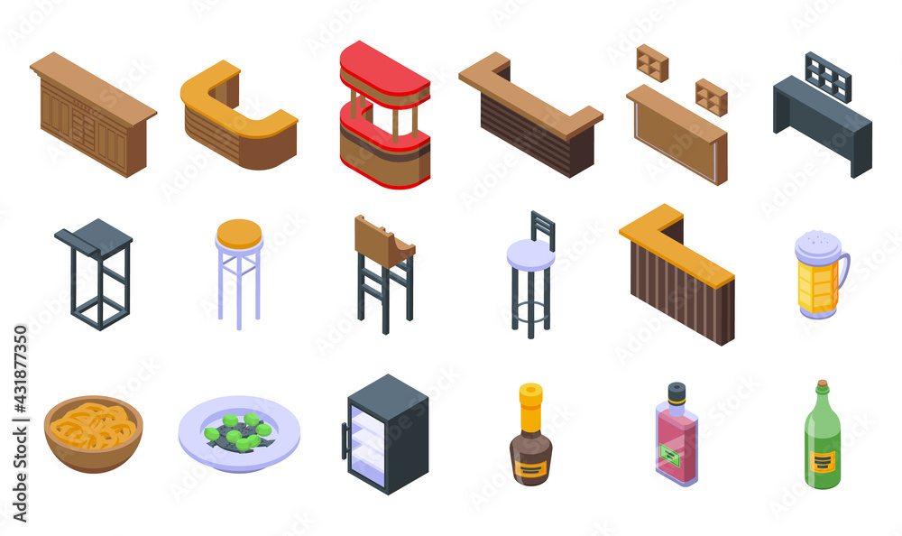Bar counter icons set. Isometric set of bar counter vector icons for web design isolated on white background - obrazy, fototapety, plakaty 
