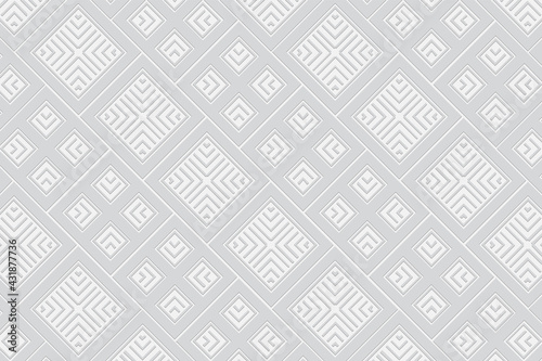 3D volumetric convex embossed white background. Ethnic geometric style. Shaped trendy pattern for wallpapers, presentations, textiles, websites, coloring, wrapping paper.