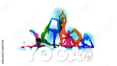 21 june-international yoga day,paper cut yoga body posture, human silhouette and sun rays, vector illustration - Vector