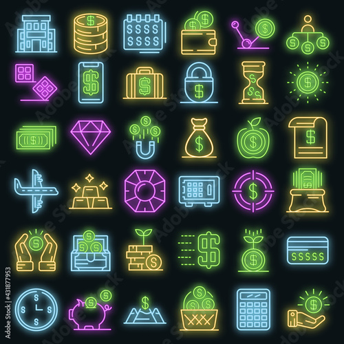 Millionaire icons set. Outline set of millionaire vector icons neoncolor on black