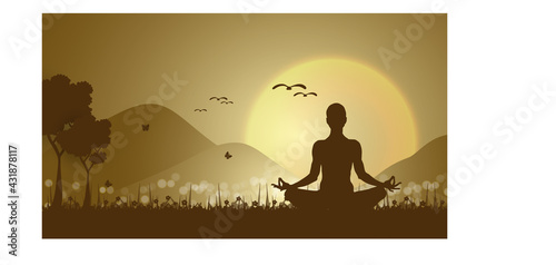 21 june-international yoga day,paper cut yoga body posture, human silhouette and sun rays, vector illustration - Vector