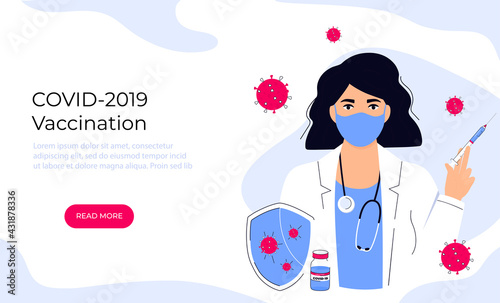 COVID-19 Vaccination. Doctor wearing sanitary mask with stethoscope holding protective shield and vaccine syringe to protect from coronavirus. Landing page template.