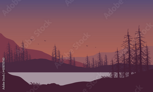 Beautiful Mountain View from the riverbank at dusk with dry trees around it. Vector illustration