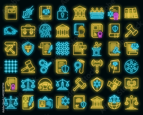 Justice icons set. Outline set of justice vector icons neoncolor on black