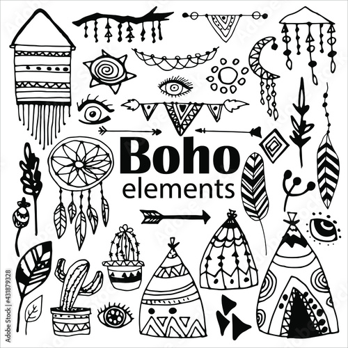 A set of boho elements and doodles, design illustrations for creating patterns, packaging paper, tableware, clothing, business cards and other creativity. Amulet against the evil eye, dream catcher