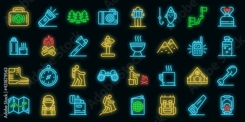 Hiking icons set. Outline set of hiking vector icons neoncolor on black